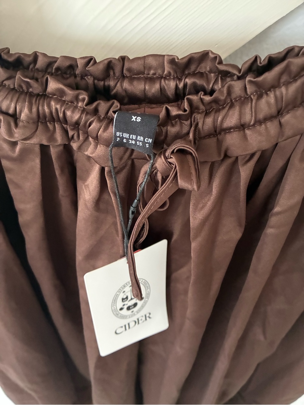 Cider Chocolate Brown Satin Elastic Waist Skirt